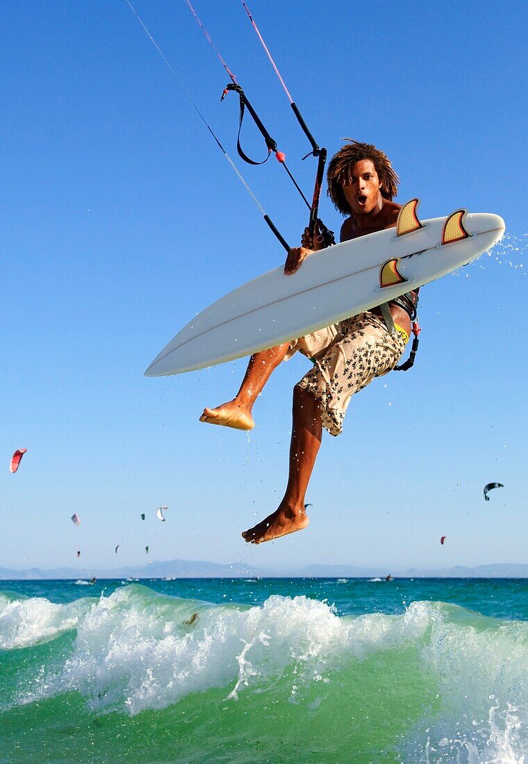 Young Man Kite Surfing; Costa De La Luz,Andalusia,Spain