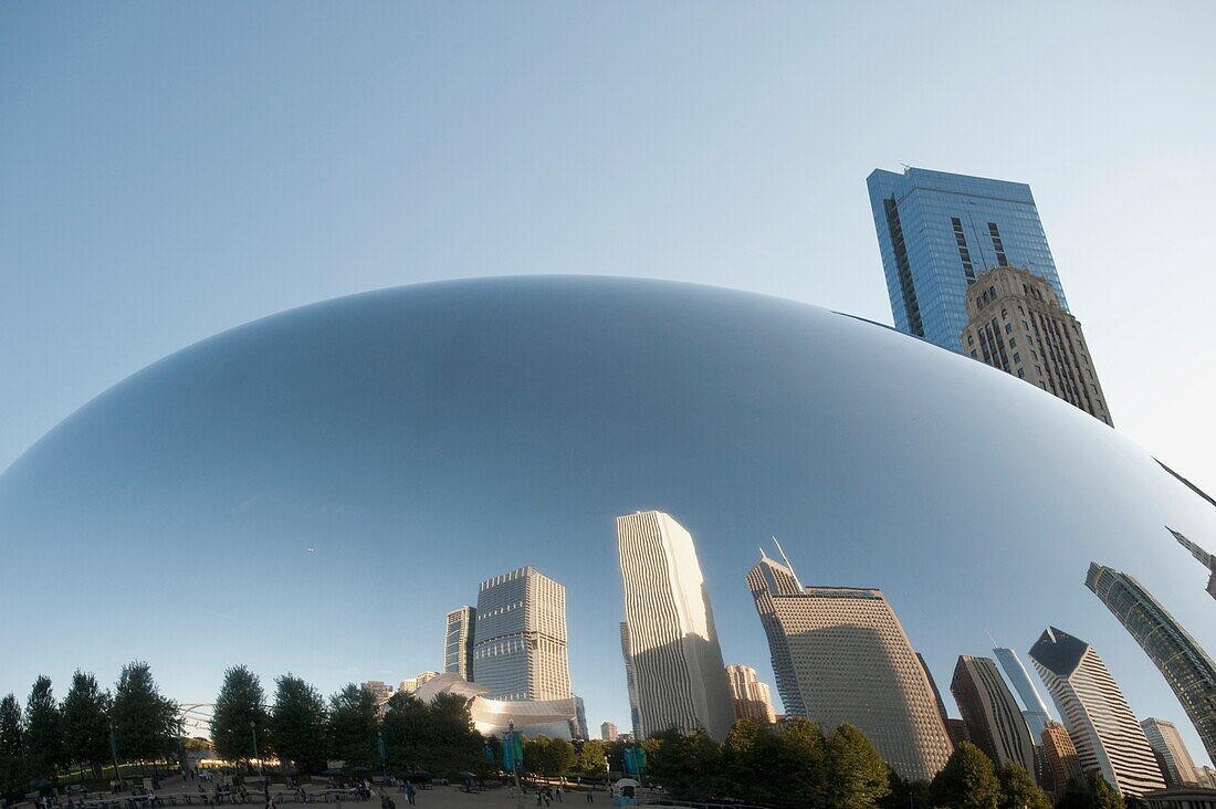 Skyline Reflecting In Mirrored Dome; Chicago, Illinois, Usa