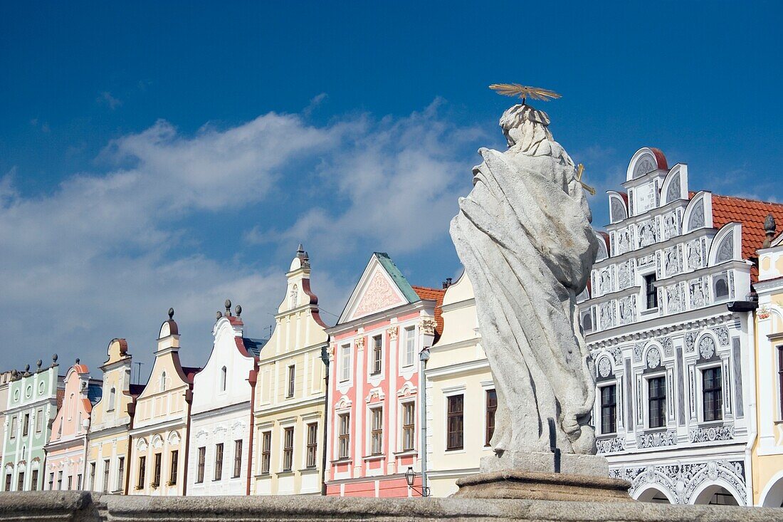 Marian Column And 16Th Century Houses; Telc, Czech Republic