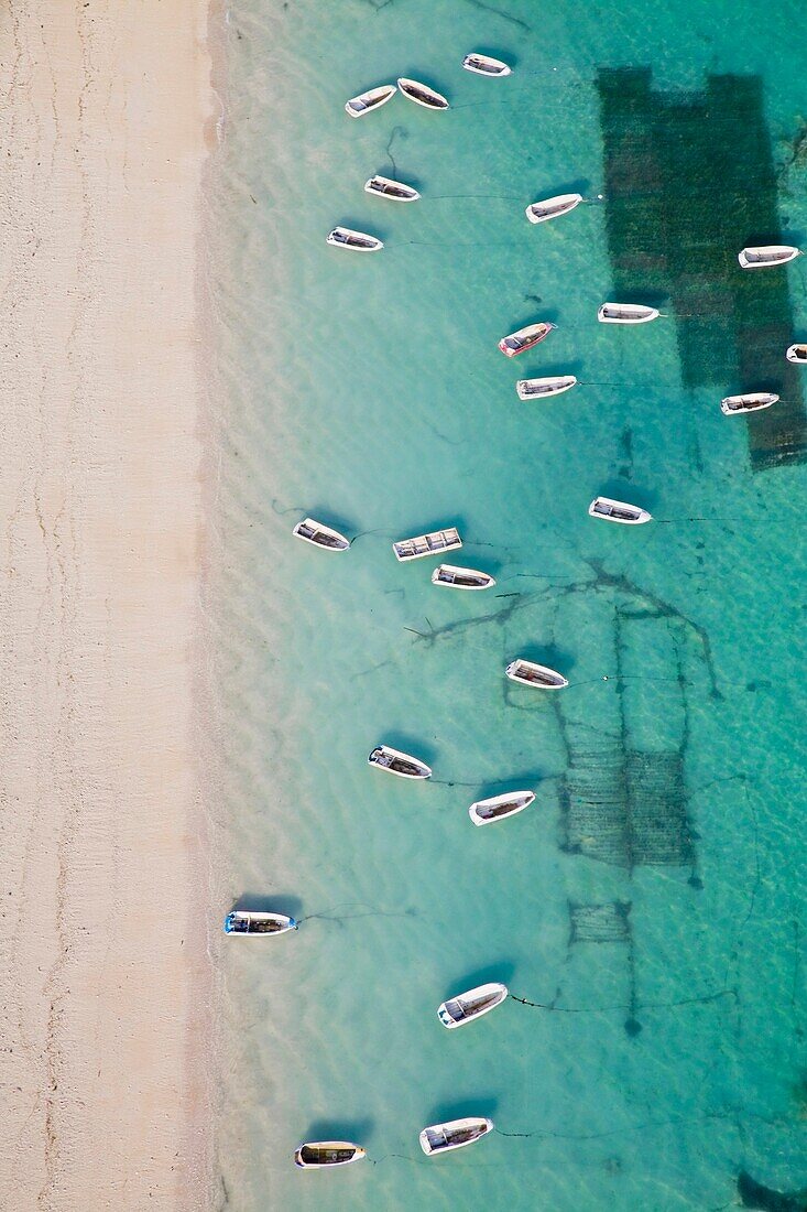 Aerial View Of Rowboats In Tropical Waters Next To Pristine Sandy Beach; Bali,Indonesia