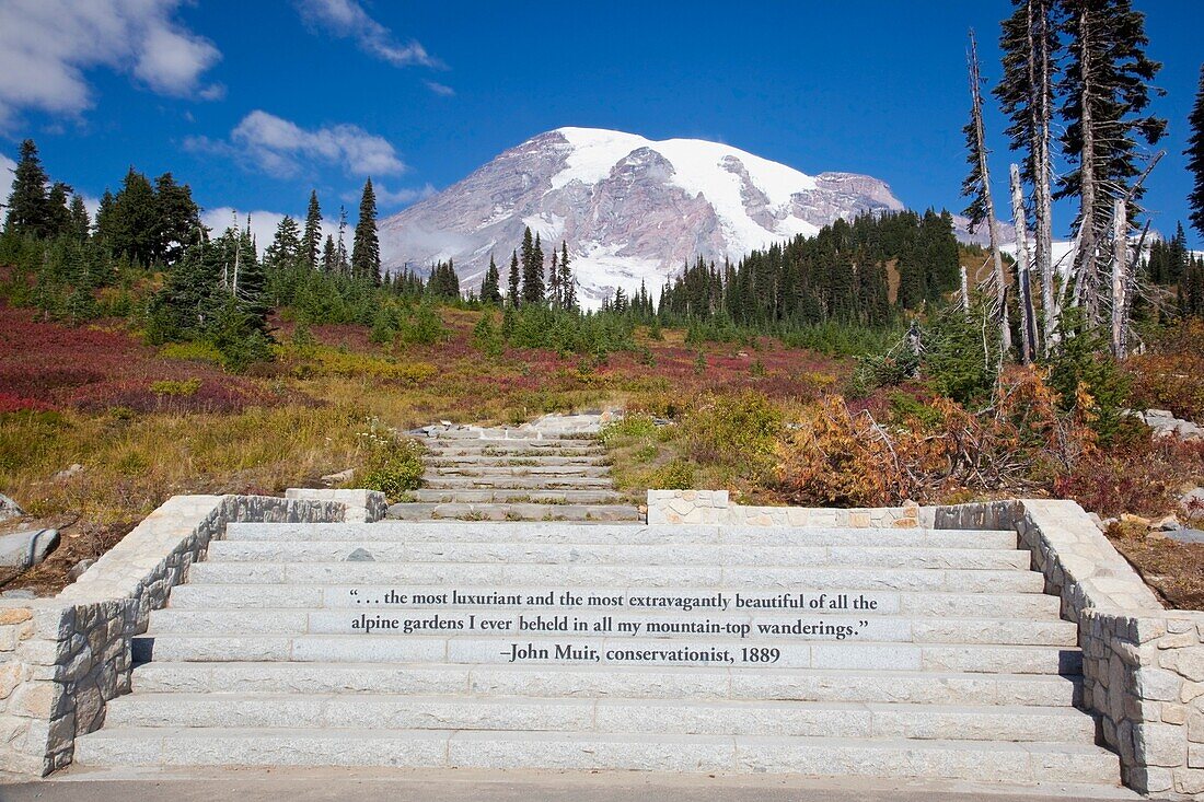 Mount Rainier National Park, Washington, Vereinigte Staaten Von Amerika; Inschrift auf Stufen mit Mount Rainier im Hintergrund