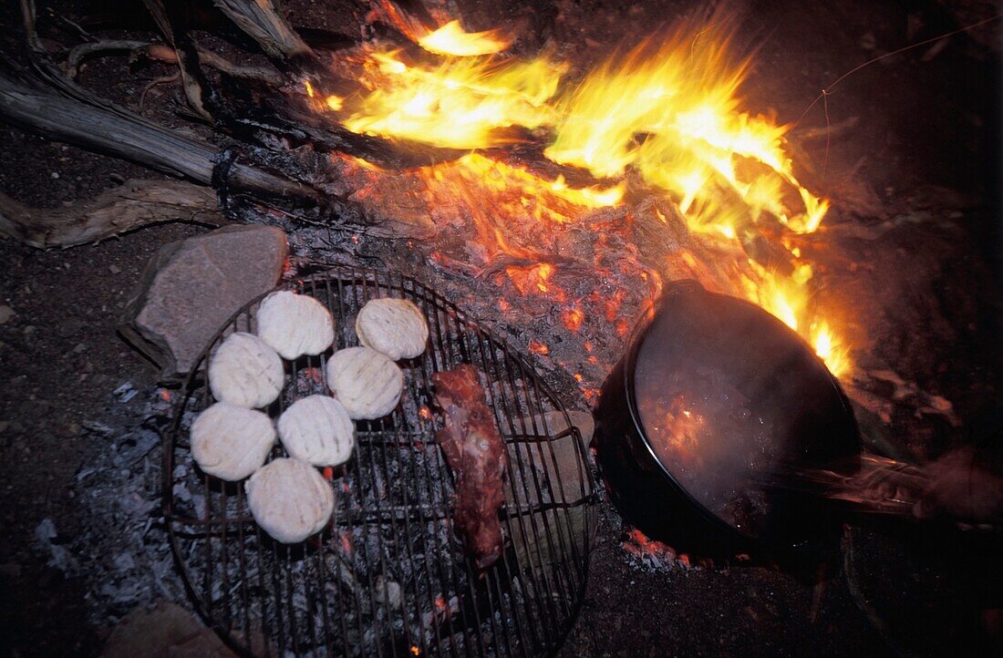 Bread And Kangaroo Meat Cooking On A Campfire, Close Up