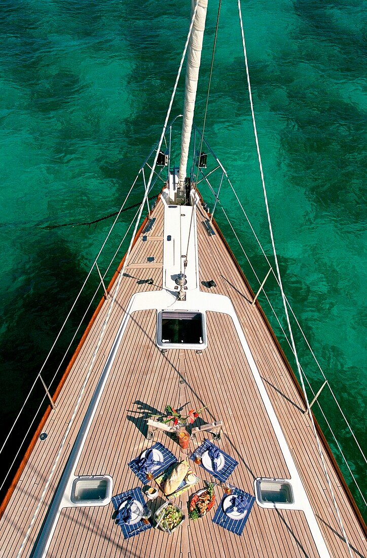 Food Set On The Deck On A Yacht Sailing Around The Grenadines