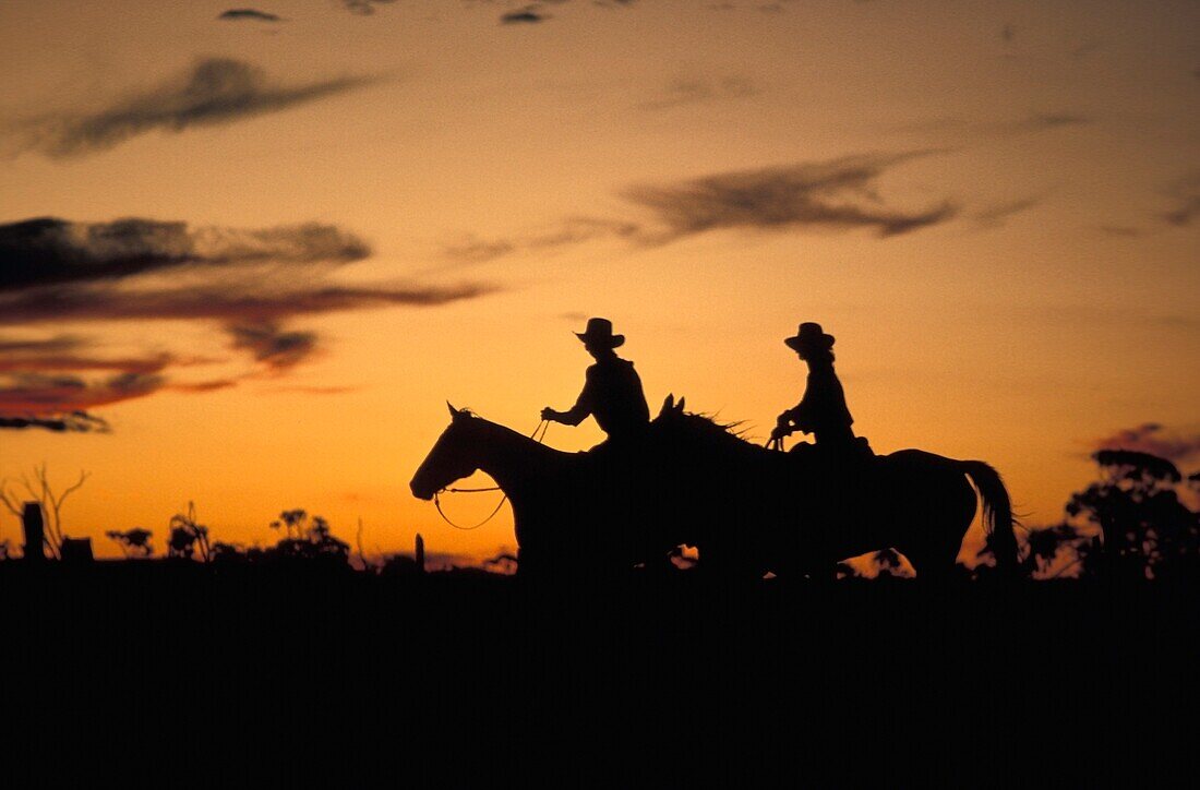 Silhouette Of People On Horseback At Sunset