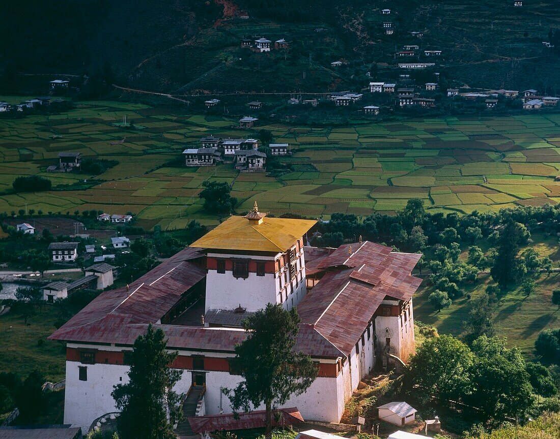 Buddhistisches Kloster in den Feldern, Blick aus hohem Winkel