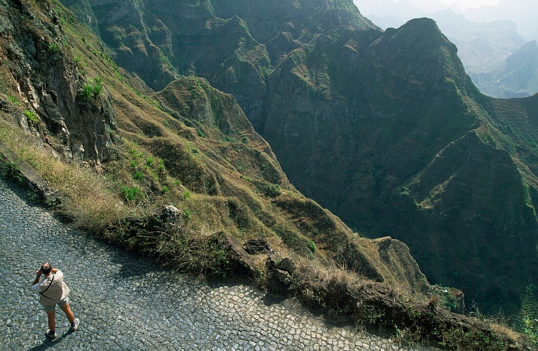 Tourist On Road In Mountains