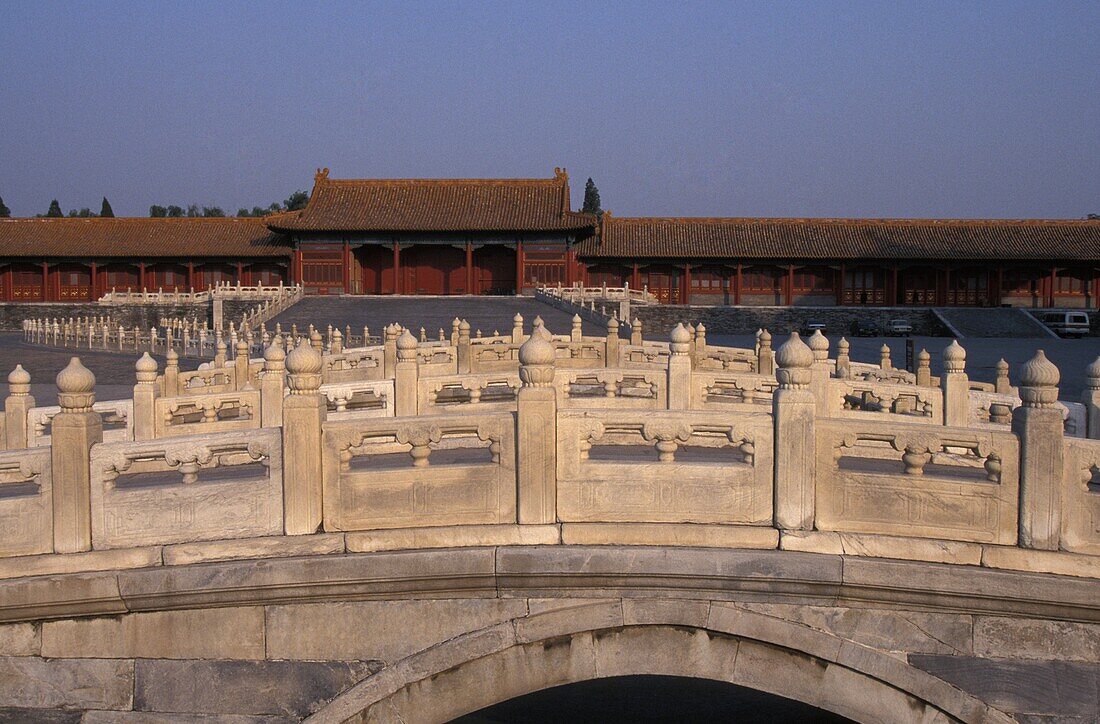 View Through Footbridge Railings Towards Building In Forbidden City