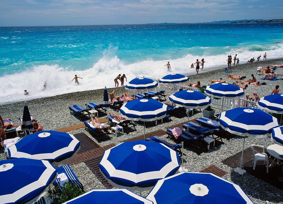 People On Beach With Umbrellas, Elevated View