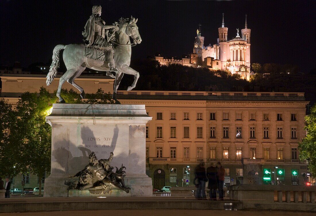 Basilica Fourviere And Place Bellecour At Night