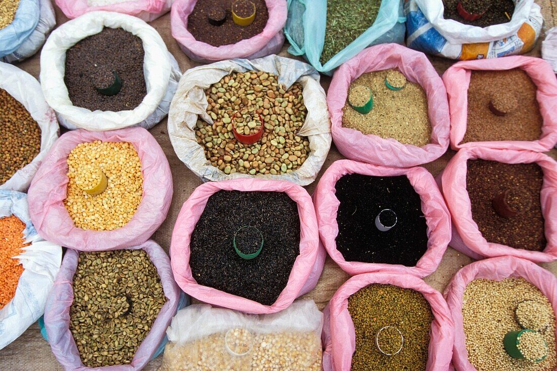 Herbs, Spices, And Pulses In A Market, High Angle View