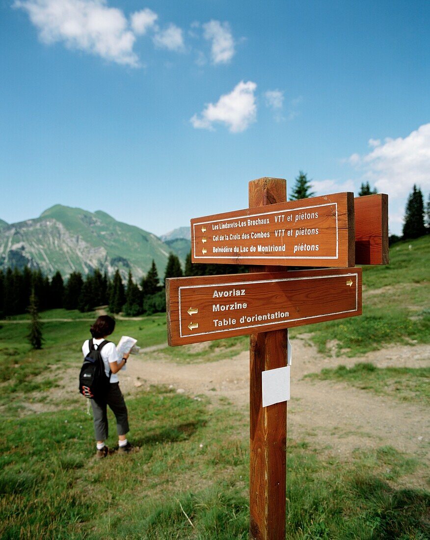 Wanderer in den Alpen beim Kartenlesen