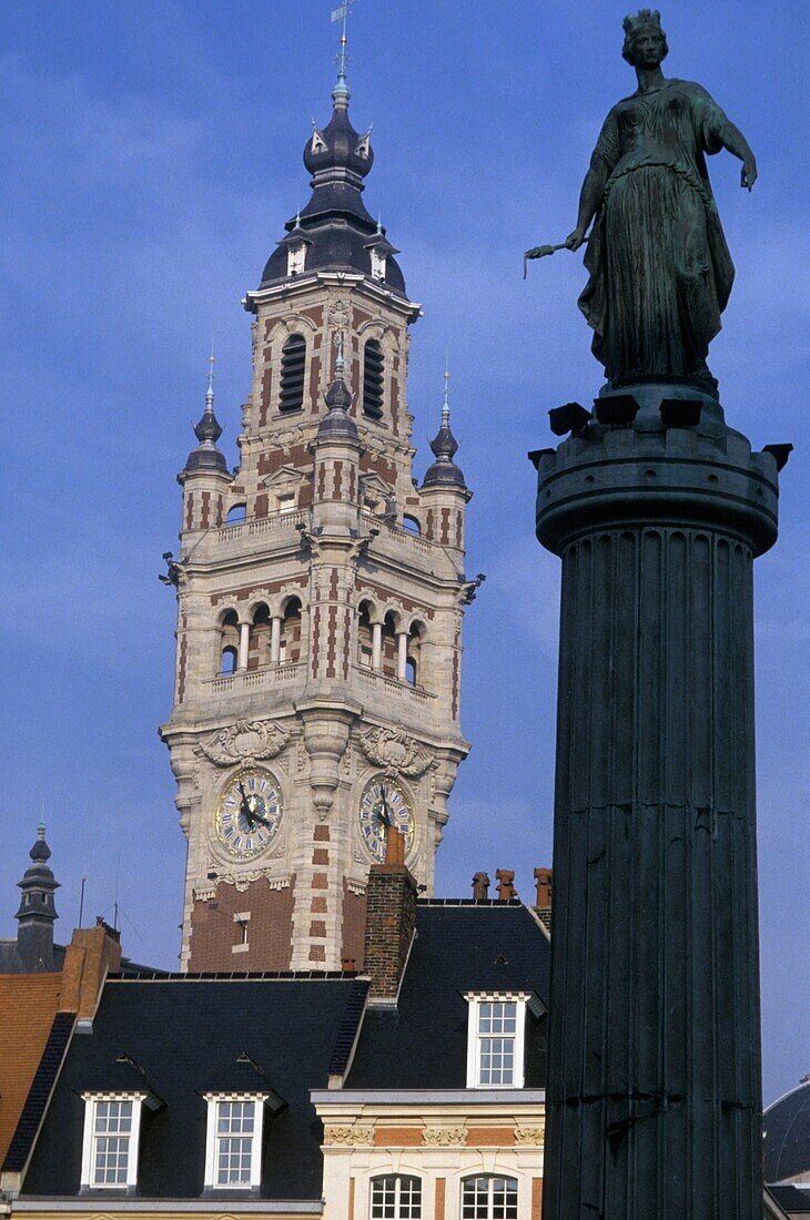 Statue And Clock Tower In Lille
