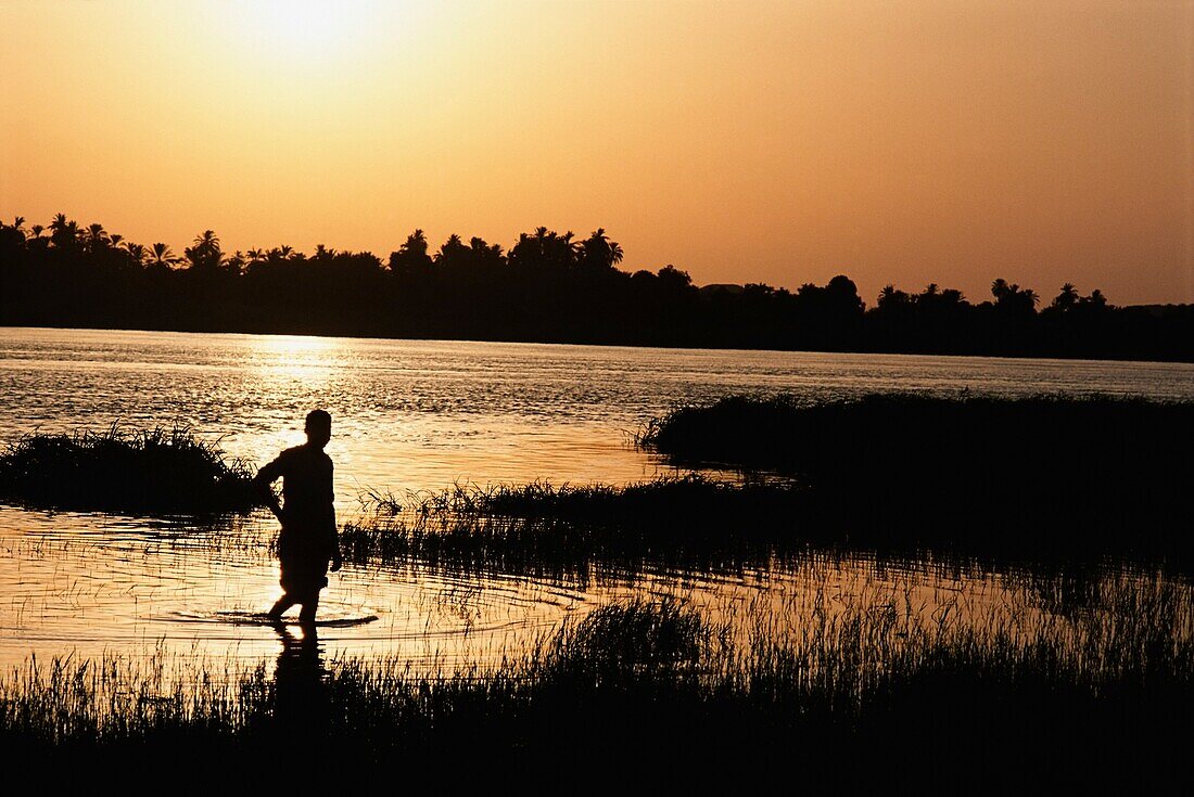 Man Wading Through The Nile At Sunset