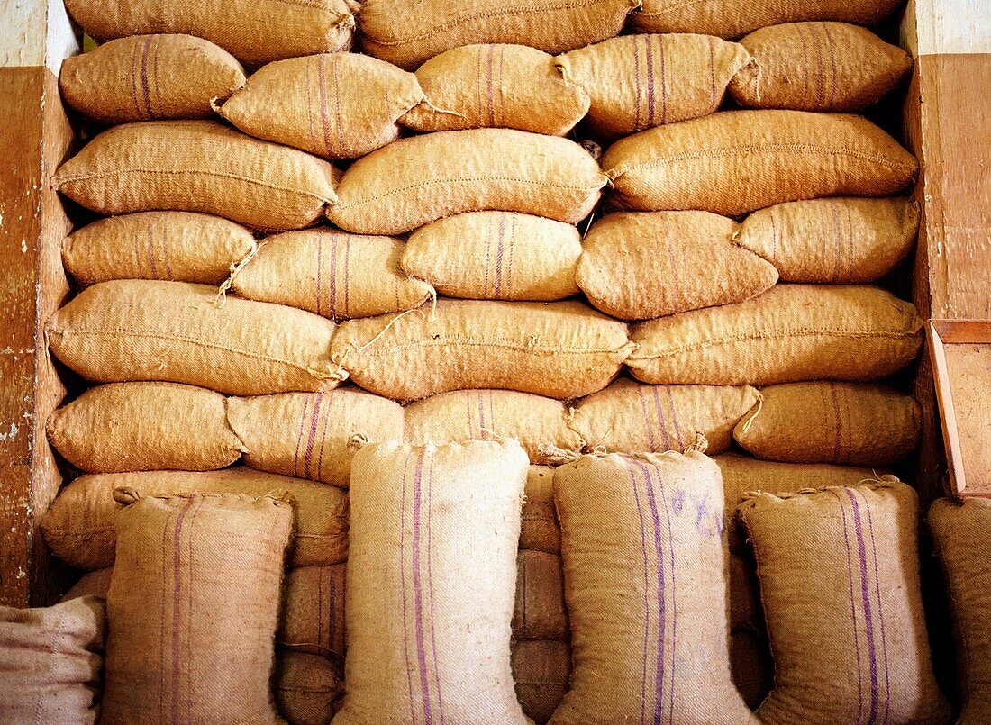 Burlap Sacks Stacked Up In A Nutmeg Factory