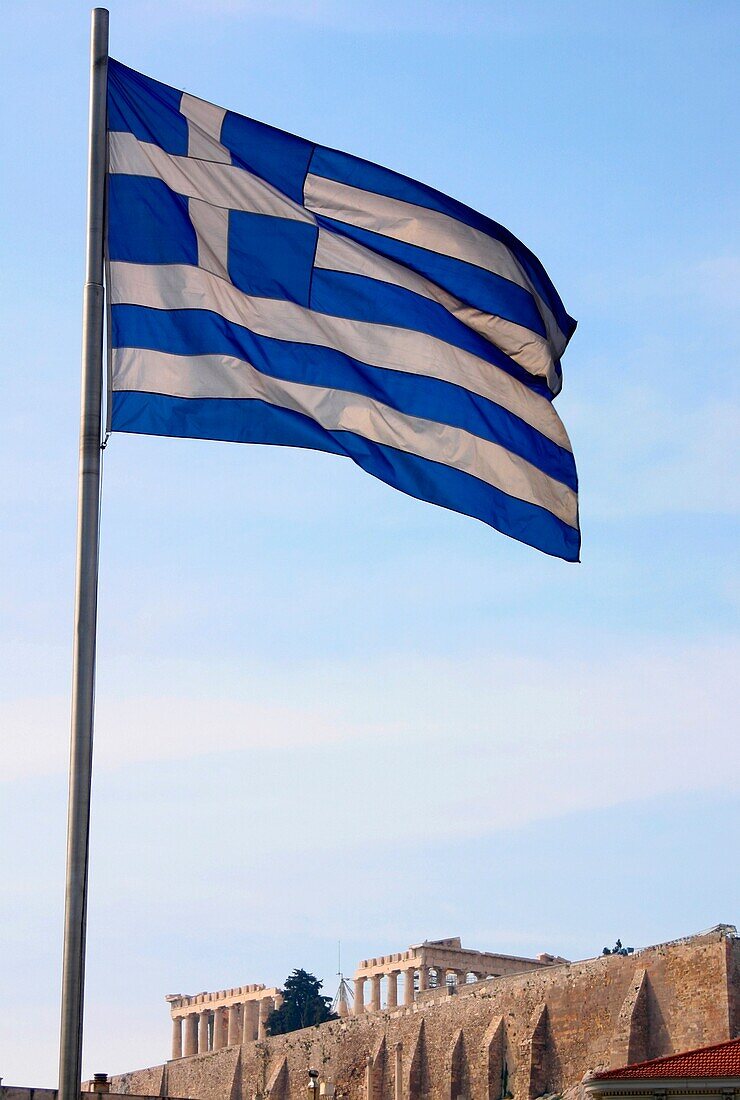 The Parthenon Viewed From Below With Greek Flag