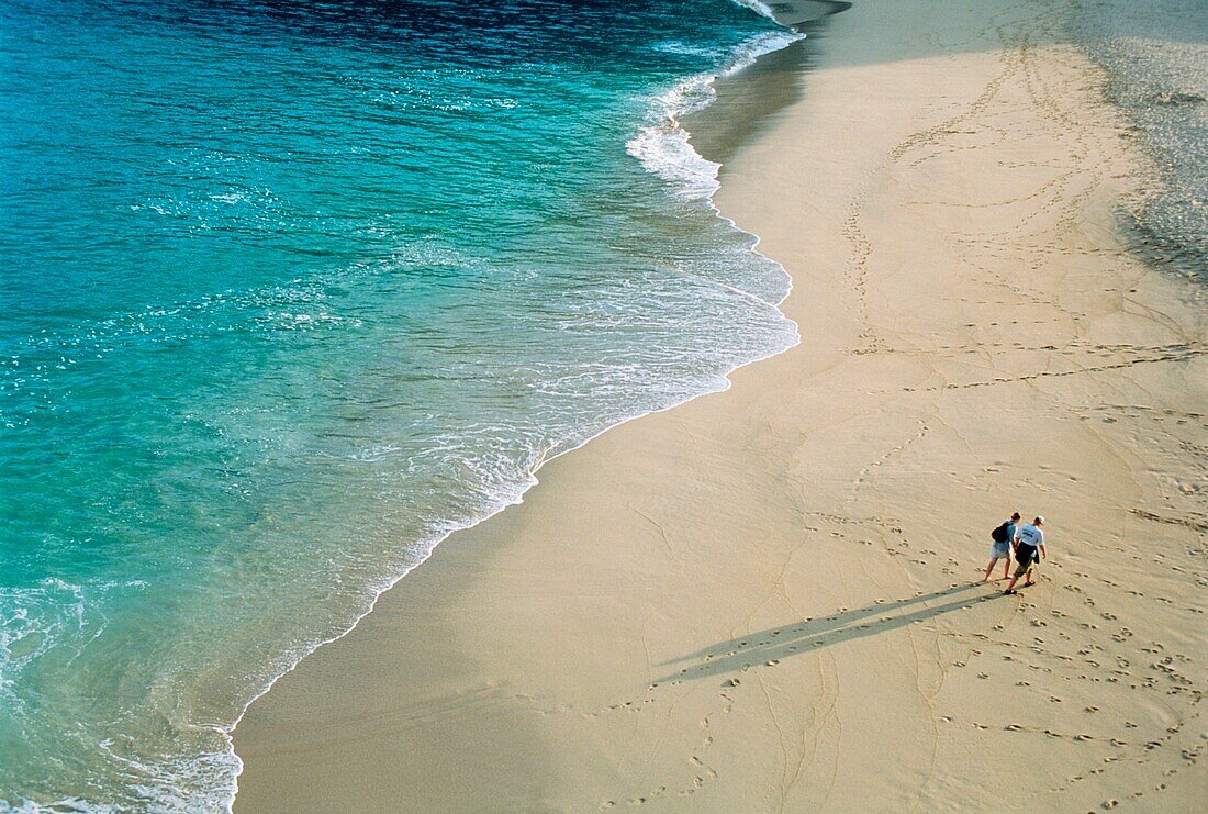 Couple Walking On Portcurno Beach, Aerial View