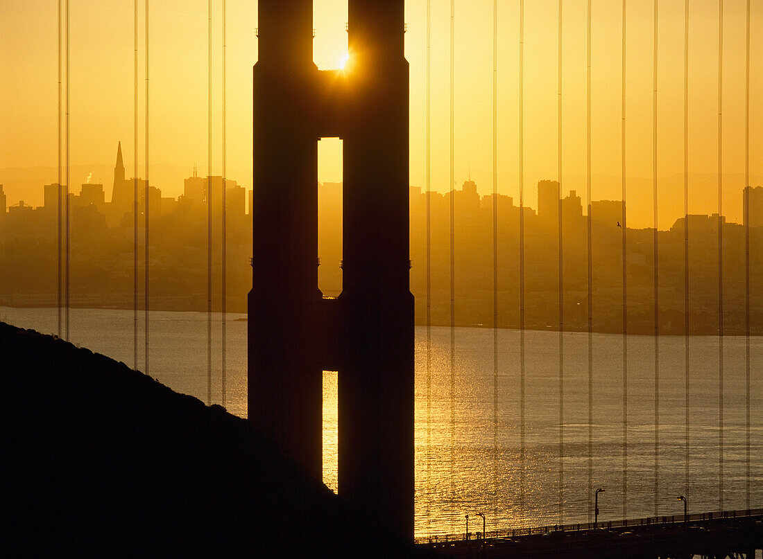 Sunrise Behind The Golden Gate Bridge With Skyline Behind