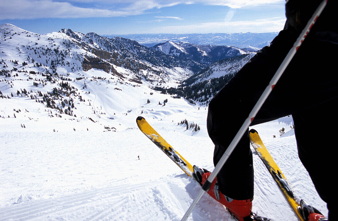 Skifahrer auf dem Gipfel eines Berges, tiefer Blickwinkel