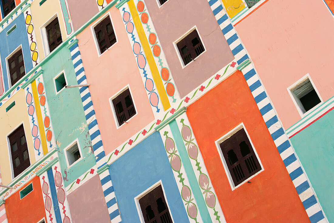 Windows In Multicolored Building, Close Up