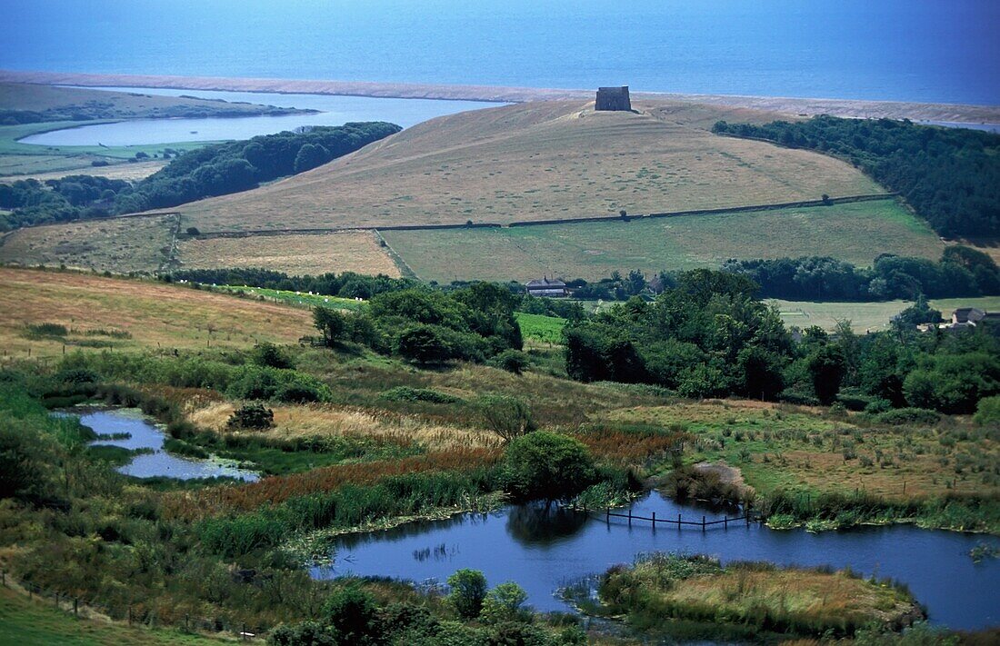 View Over Fields By Coastline, High Angle View