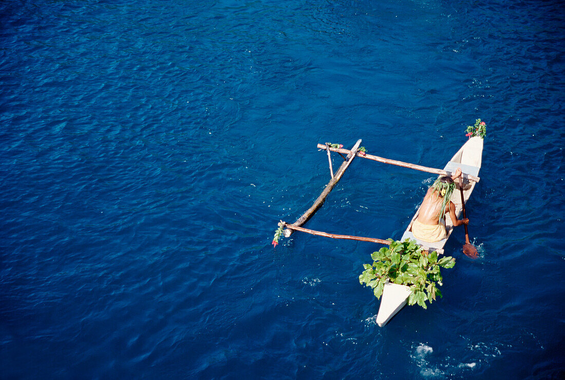 Outrigger Canoe With Plants, High Angle View