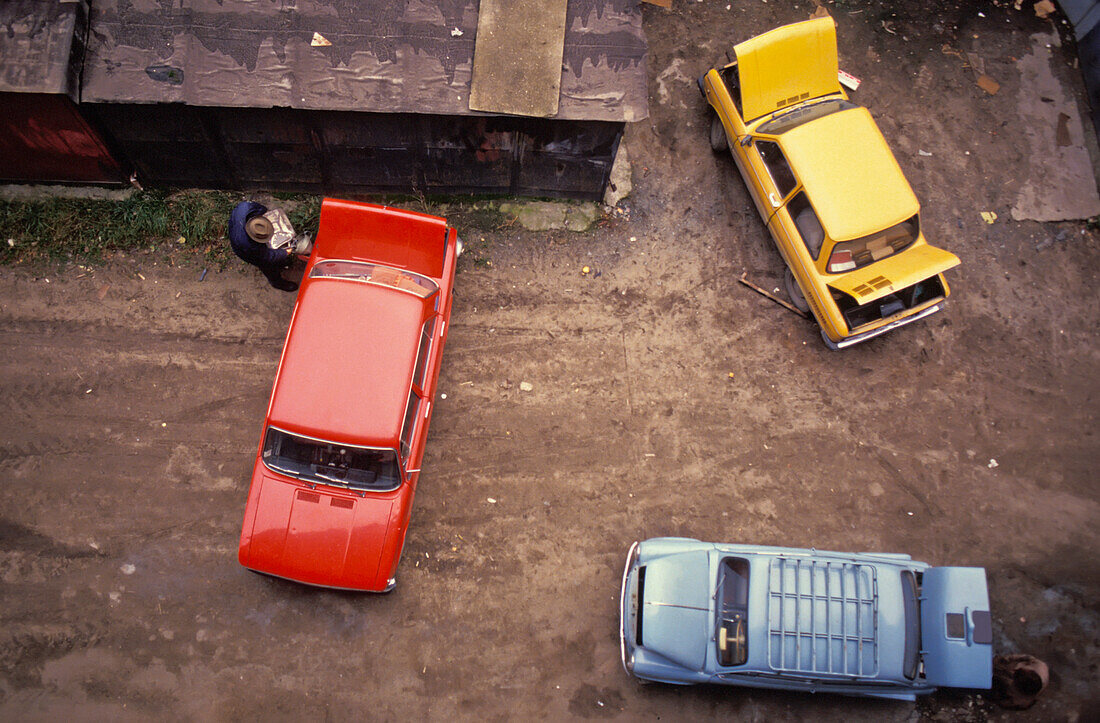 Cars Being Filled With Petrol, Aerial View