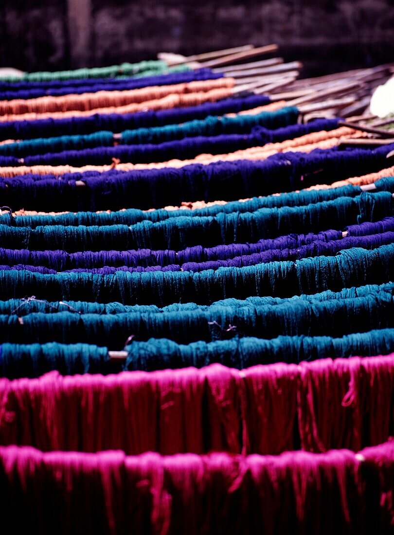Blue, Green, And Pink Yarn For Weaving, Close Up