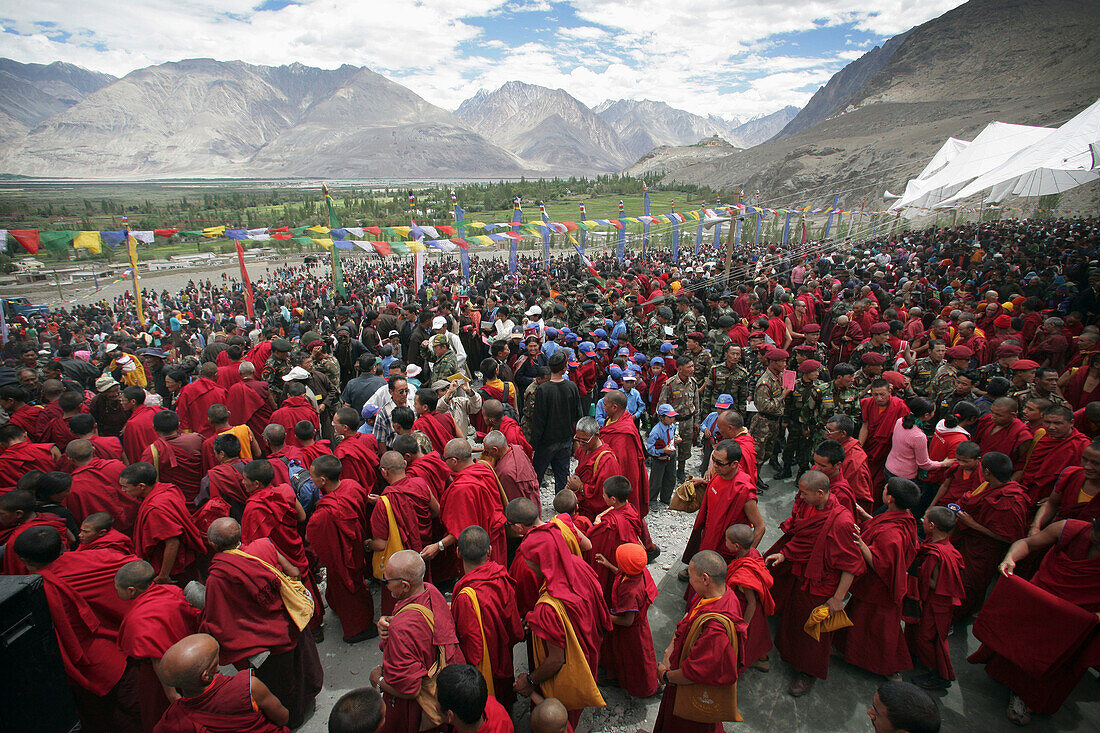 Crowds Of Monks Waiting To Hear The Dalai Lama Speak