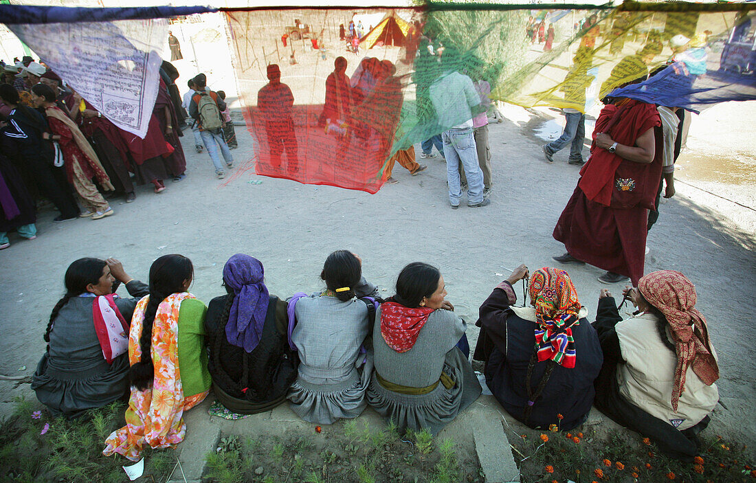 Ladakhi Women Sitting And Talking At Monastery Celebration