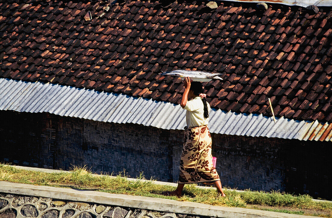 Woman Walking With Fish Over Head