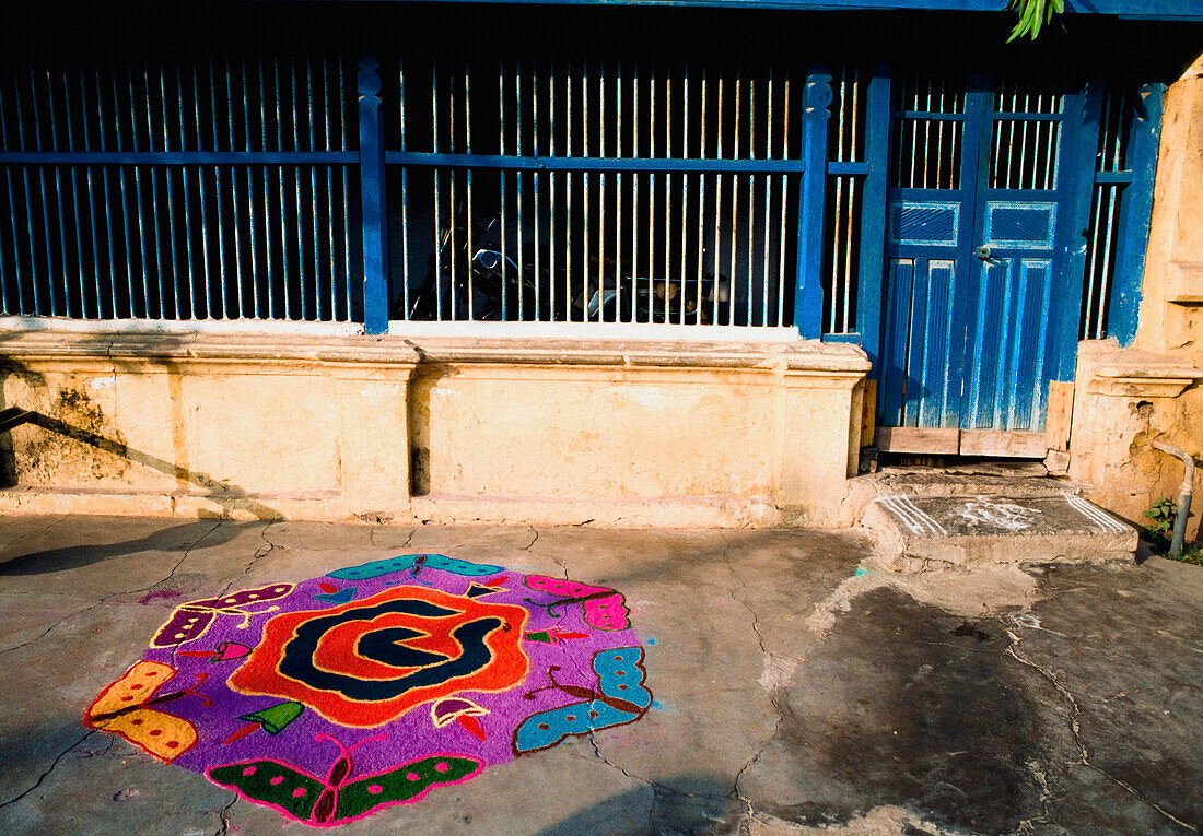 Colorful Kolam - Rice Pattern In Front Of House