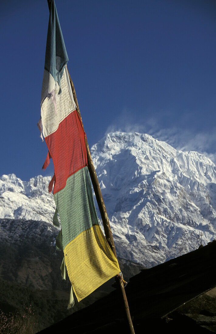 Colourful Flag In Front Of Annapurna South