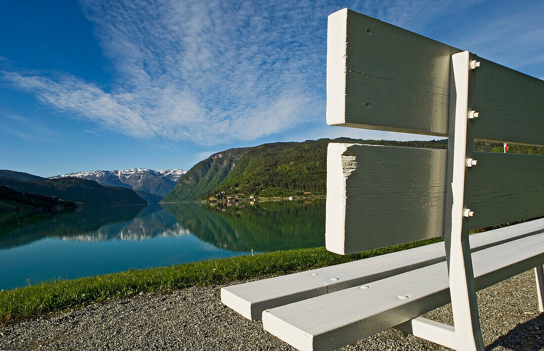 Empty White Bench By Fjord