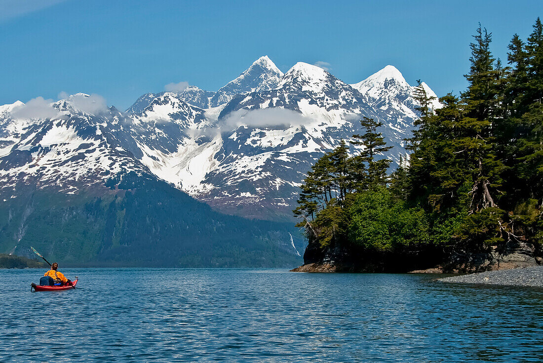 Kayaker Heading Into Barry Arm From Harriman Fjord, Chugach National Forest, Prince William Sound, Southcentral Alaska, Summer