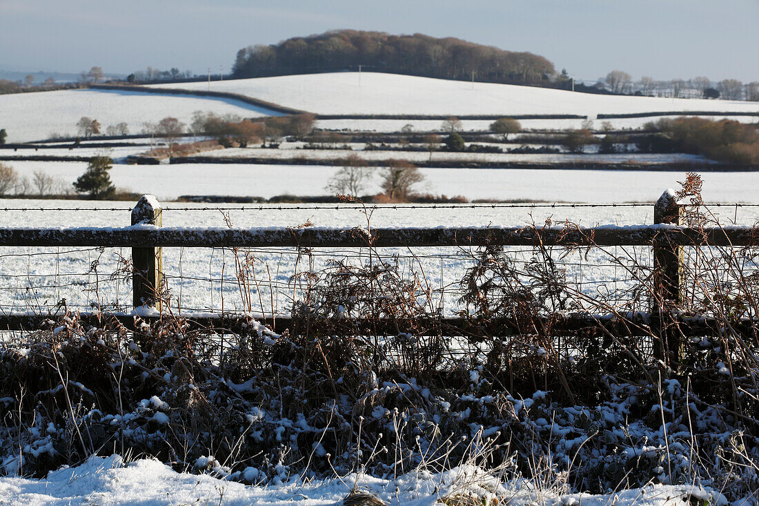Fields covered in snow in winter; North Devon England