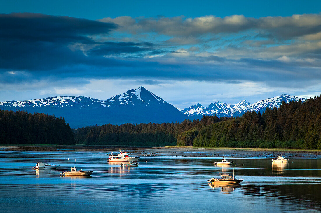 Scenic Evening View Of Bartlett Cove And Moored Fishing Boats, Glacier Bay National Park & Preserve, Southeast Alaska, Summer