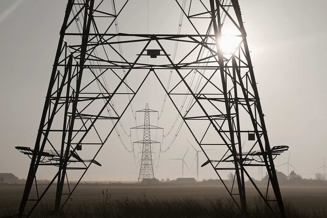 Misty morning at the little cheyne court wind farm at romney marsh; Kent east sussex england