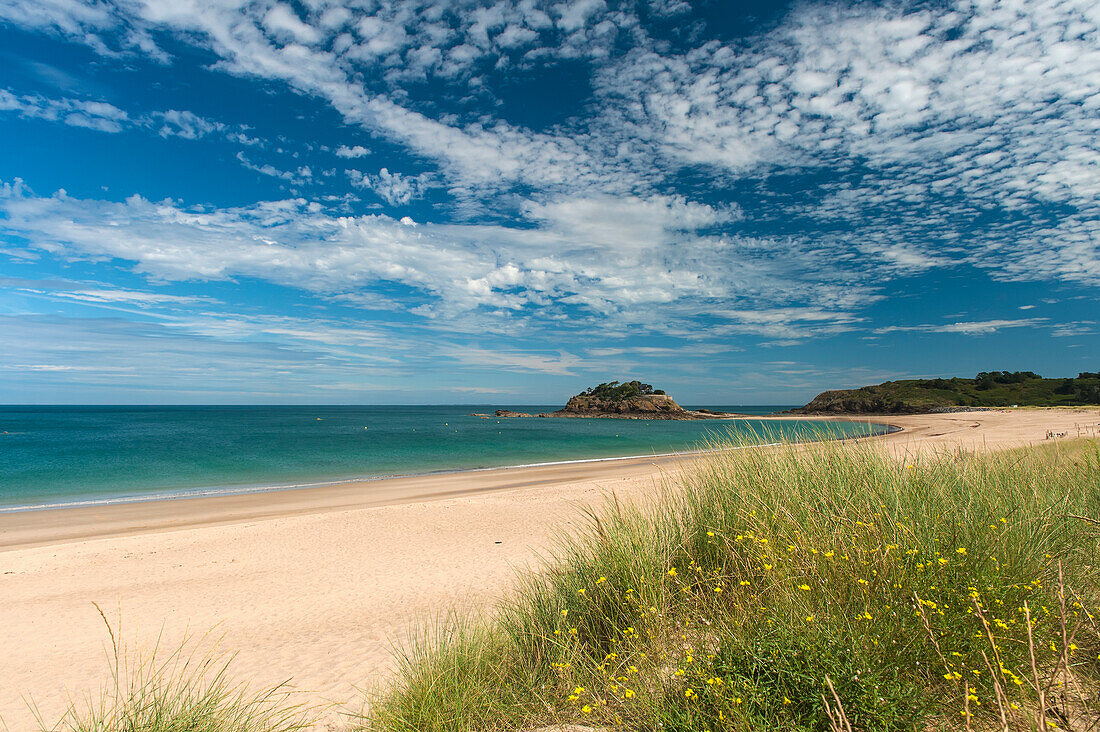 View over dunes and along beach to the fort du guesclin near cancale; Brittany france