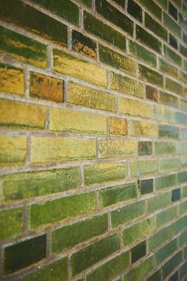 Eine Backsteinmauer mit gelben und grünen Farbtönen; Hamburg, Deutschland