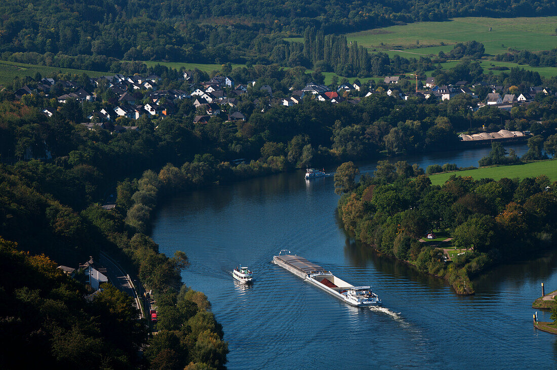 Boats In The River Near Bernkastel-Kues, A Wine Region In Mosel Valley; Rhineland-Palatinate, Germany