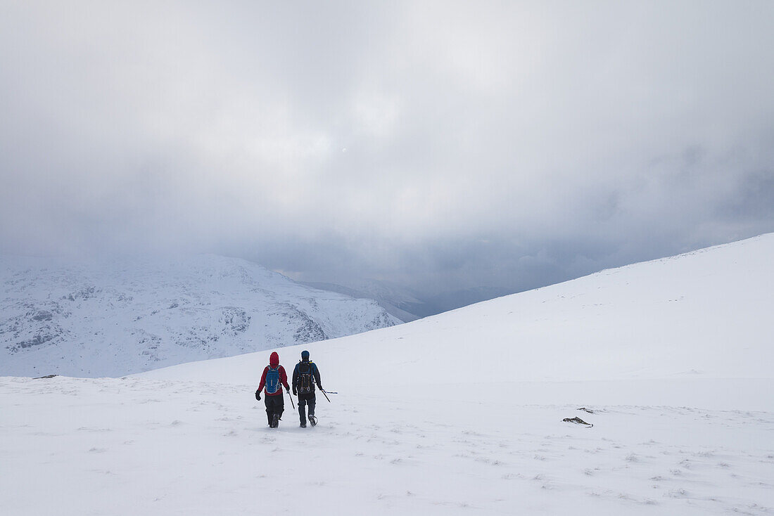 Zwei Personen wandern bei schneebedeckten, winterlichen Bedingungen auf dem Beinn An Dothaidh, in der Nähe von Bridge Of Orchy; Argyll und Bute, Schottland