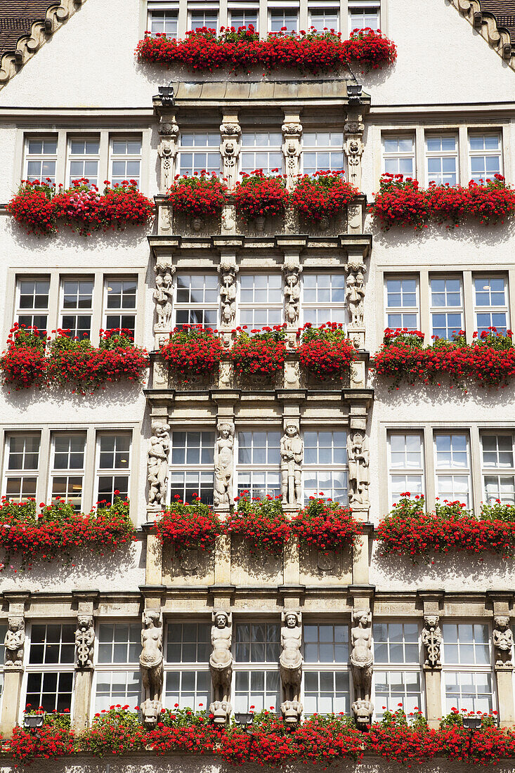 Fassade eines mit roten Blumen geschmückten Gebäudes unter jedem Fenster; München, Bayern, Deutschland