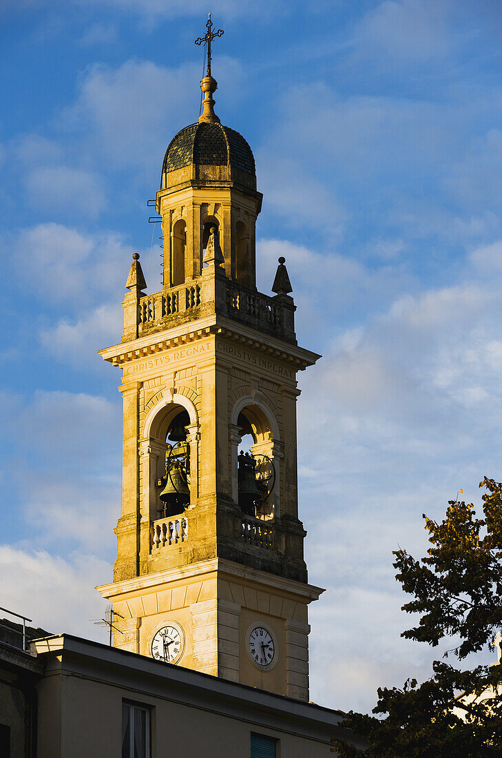 Church Tower With Cross; San Lorenzo Della Costa, Liguria, Italy