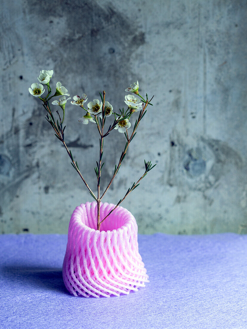 Studio shot, a stem of small white flowers in a pink recycled plastic mesh vase. 