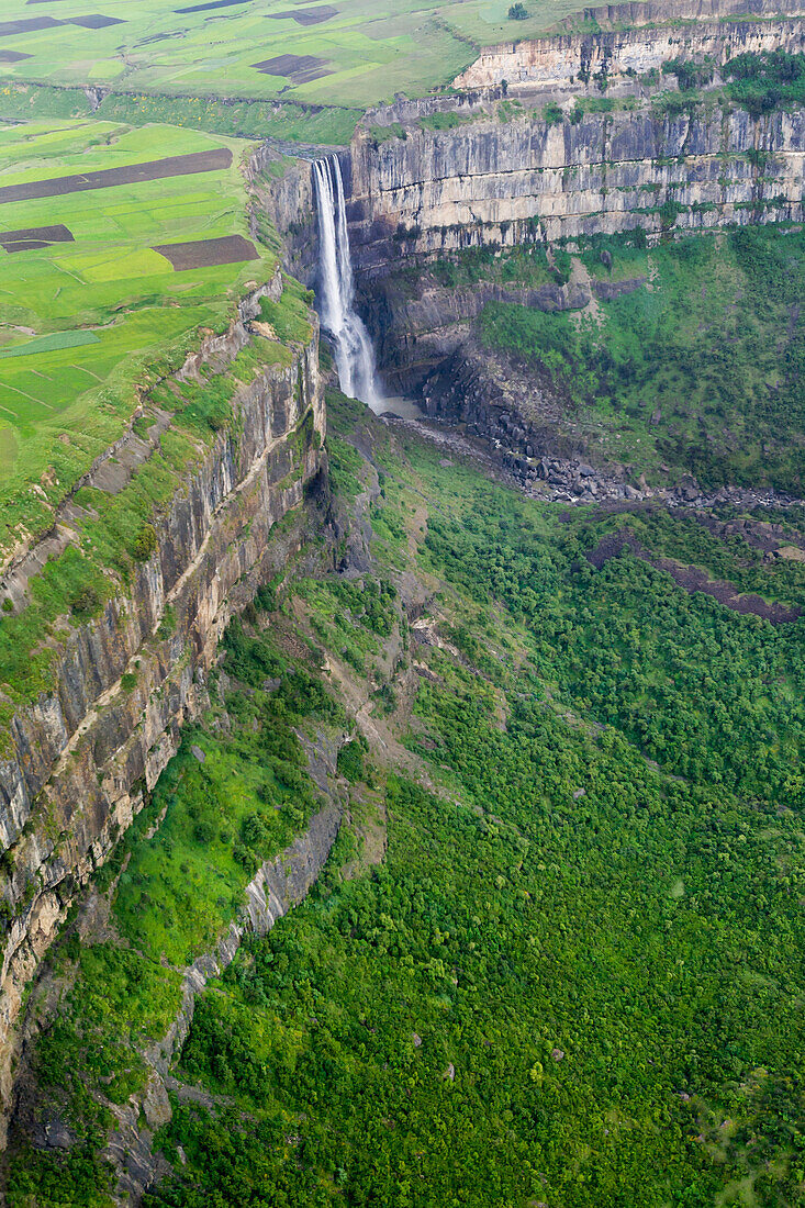 Africa, Ethiopian Highlands, Western Amhara. Aerial views of fields in Western Amhara on the way from Gondar to Addis Ababa.