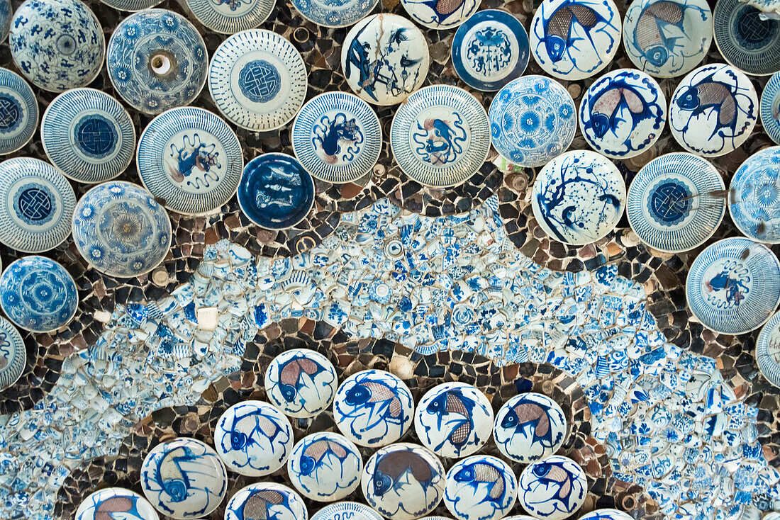 Ceiling decorated with blue and white chinaware in the Porcelain House (also known as China House), with chinaware cemented and glued onto the building, Tianjin, China