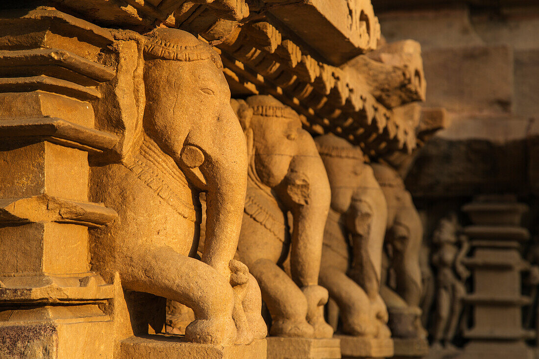 Elefanten-Skulpturen von Khajuraho, Madhya Pradesh, Indien.