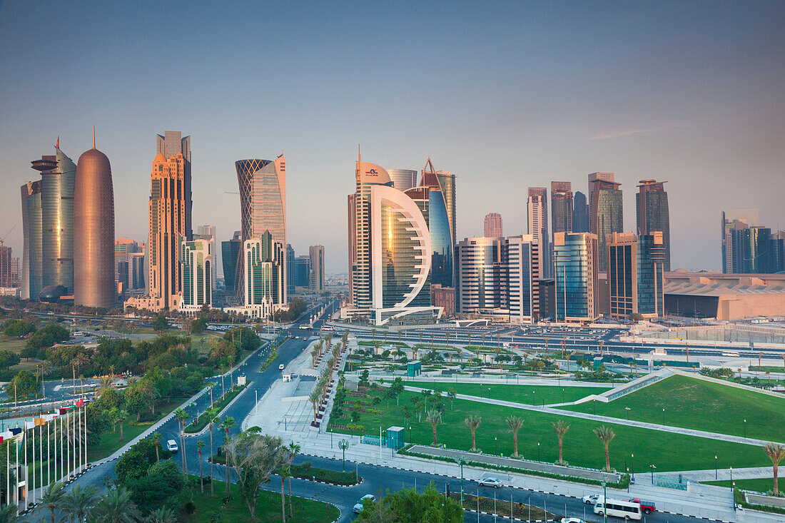 Qatar, Doha, Doha Bay, West Bay Skyscrapers, elevated view, dawn