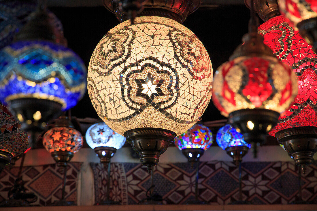 Turkey, Central Anatolia, Nevsehir Province, Uchisar, colorful, glass mosaic lamps.