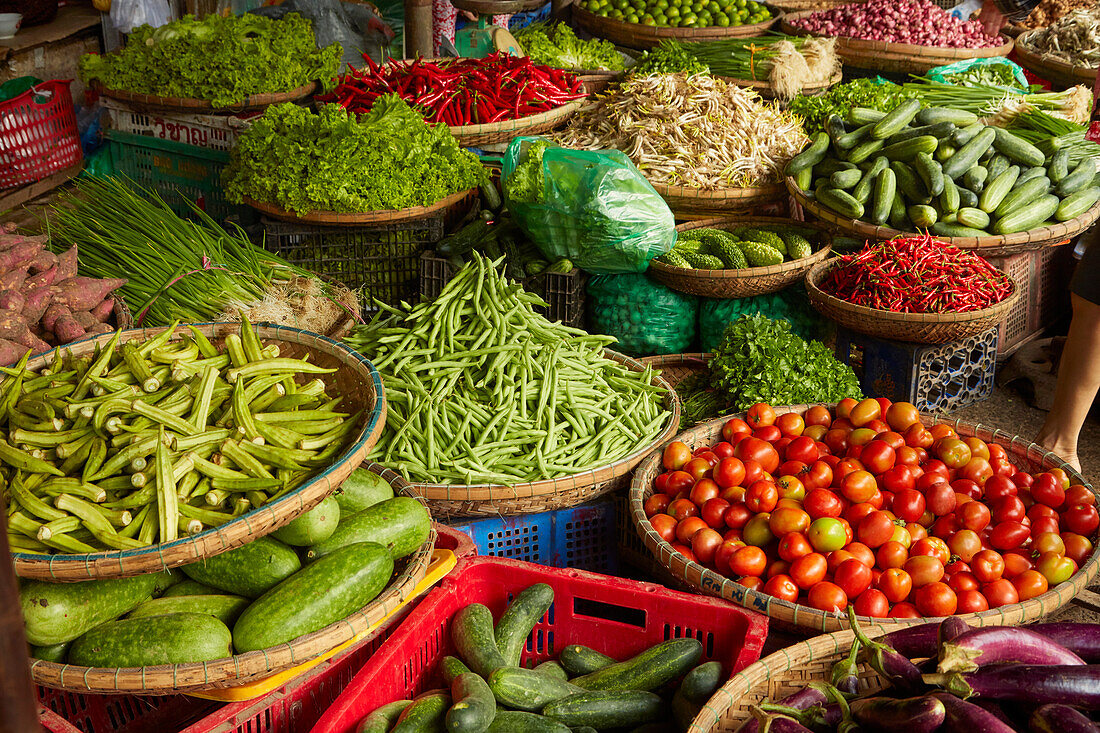 Gemüsestand, Dong Ba-Markt, Hue, Provinz Thua Thien-Hue, nördliche Zentralküste, Vietnam